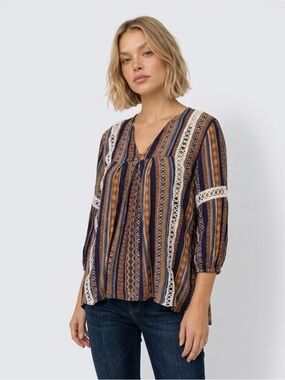 Andthewhy Boho Stripe Lace-Trim Peasant Top